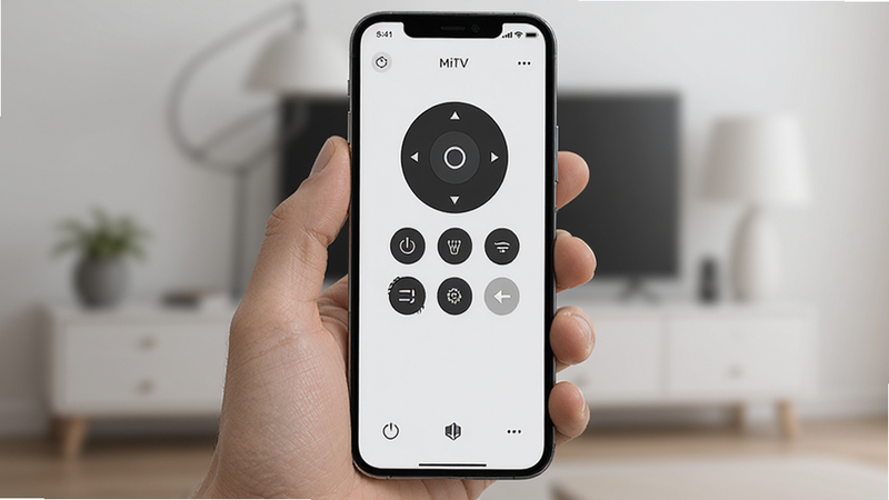 MiTV Control app interface on a smartphone, showing a sleek remote control layout with buttons for power, volume, and channel, modern minimalist design, clean UI, high quality, realistic, no text