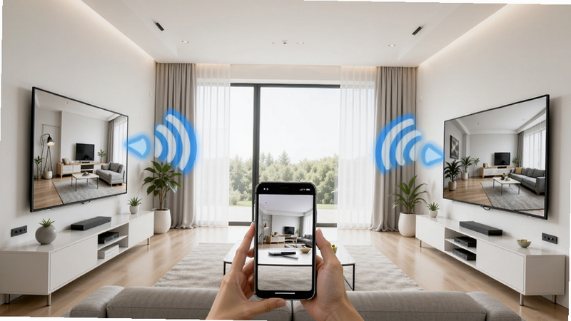 Smart home scene with a smartphone controlling multiple TV screens in different rooms, connected via wireless signals, modern interior, bright lighting, clean layout