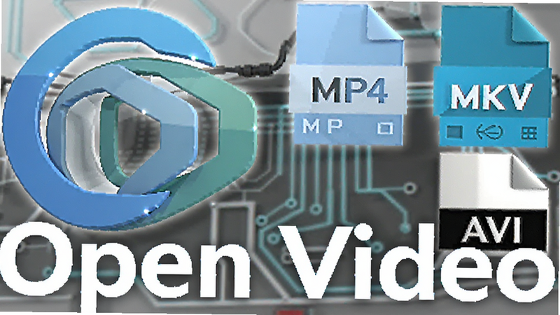Open Video logo next to icons of MP4, MKV, AVI formats, clean white background, modern tech aesthetic, sharp edges, minimalistic style, text