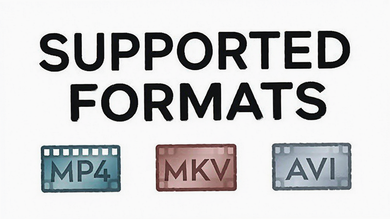 Open Video supported formats list graphic, icons for MP4, MKV, AVI, text