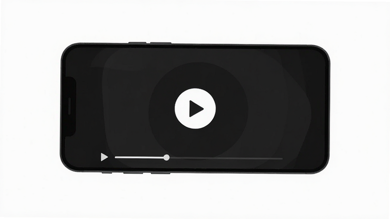 Open Video app interface showing a clean minimalist video player on a smartphone screen, dark mode UI, simple play button in center, high quality vector illustration, flat design style, clean background, no extra elements