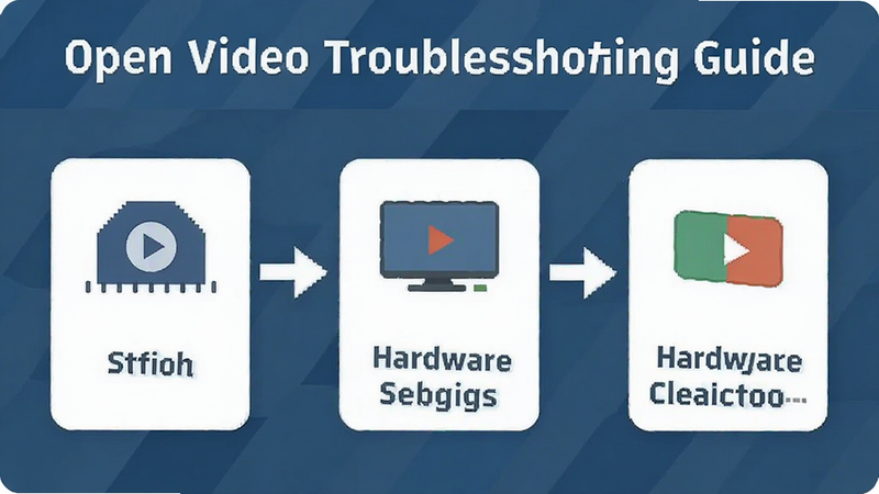 Open Video troubleshooting guide graphic, showing steps to fix playback errors, icons for settings, hardware acceleration toggle, clean instructional layout, flat icon style