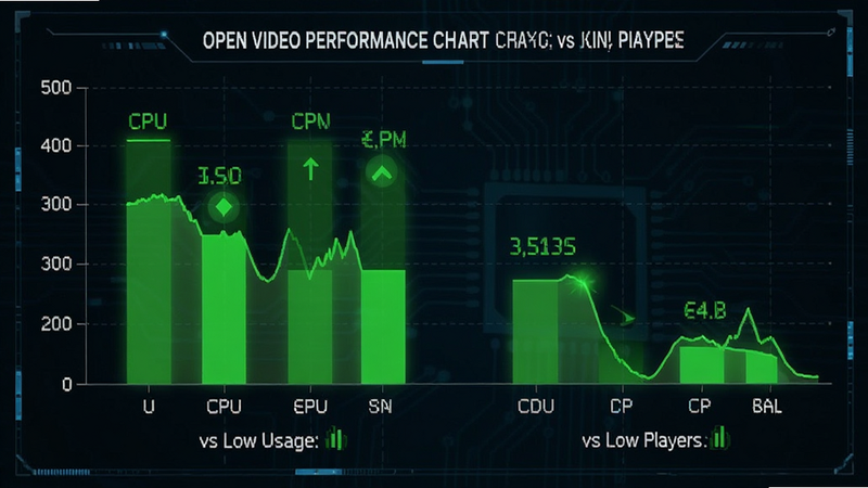 Open Video performance chart showing low CPU and battery usage compared to other players, bar graph style, green indicators for low usage, tech infographic style, clean layout
