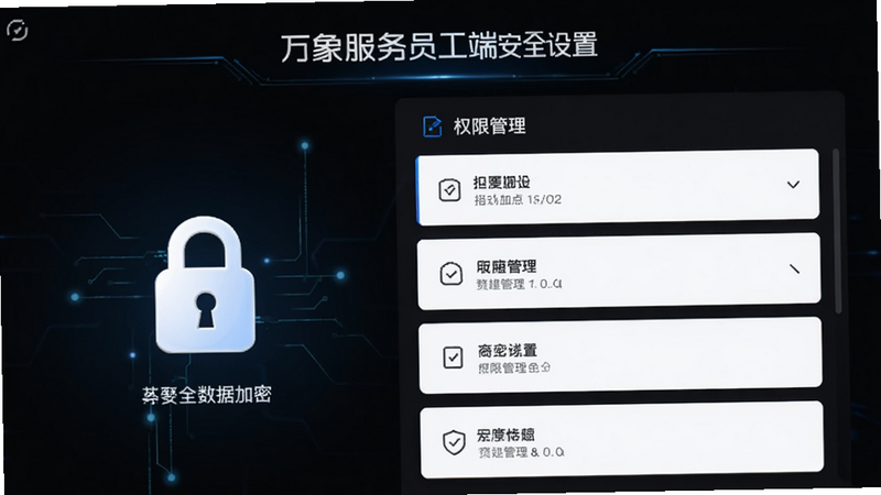 万象服务员工端安全设置页面,显示数据加密锁图标,权限管理列表,深色背景衬托白色文字,科技感强