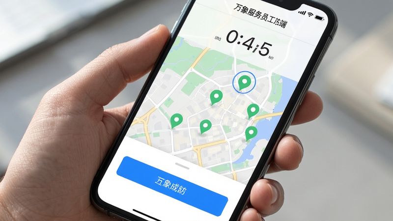 手机屏幕显示万象服务员工端打卡界面,地图背景上有绿色打卡点标记,时间显示清晰,UI简洁现代,蓝色按钮突出