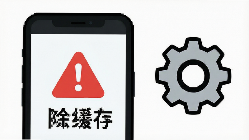 像素打卡故障排查示意图,手机屏幕显示红色警告图标,旁边有齿轮设置图标,背景为简洁白色,文字标注“清除缓存”,风格扁平,清晰易读,无多余元素