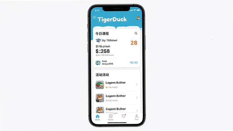 生成一张高清手机应用界面预览图,主体为 TigerDuck 应用首页,布局采用简洁的卡片式设计,顶部显示学校名称,中间展示今日课程卡片和活动列表,底部有导航栏,风格为现代扁平化,色彩清新明亮,细节丰富,画质清晰,无多余元素,文字“TigerDuck”清晰可见