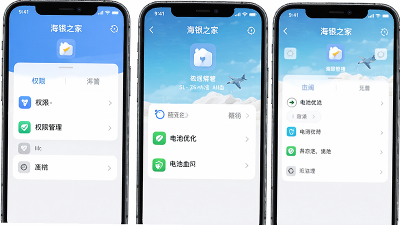 海银之家APP设置界面预览,显示权限管理、电池优化选项,布局清晰,图标简约,风格现代,细节清晰,画质高清,干净无水印