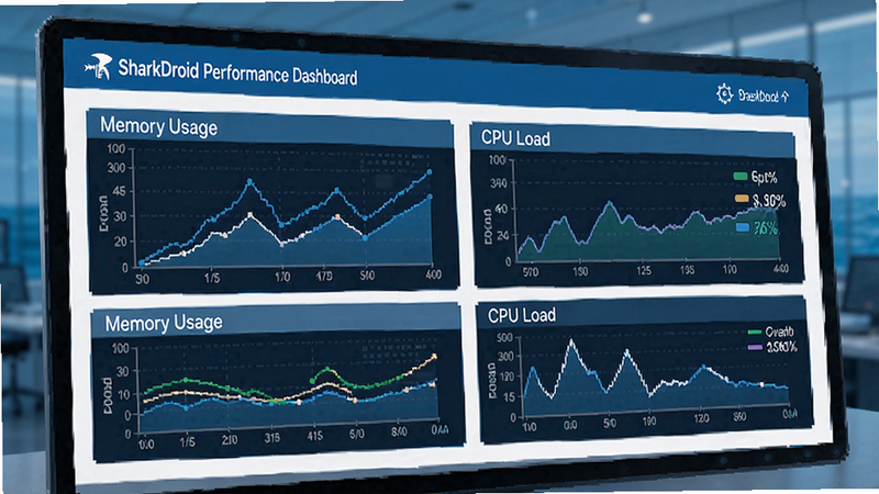 SharkDroid performance dashboard with graphs showing memory usage and CPU load, sleek design, blue and white color scheme, professional