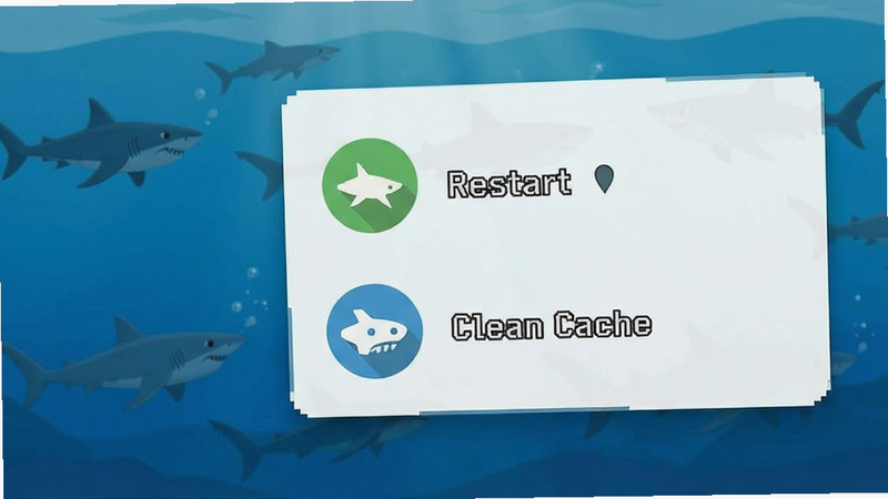 SharkDroid quick action menu floating on screen, icons for restart and clean cache, minimalist style, clear icons
