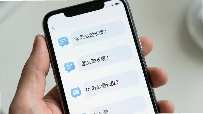 主体为手机屏幕显示问答界面,布局为Q&A列表形式,排版为简洁列表,风格为清新简约,细节包含问答图标与文字气泡,画质清晰,干净,无多余元素,文字“Q: 怎么测长度?”