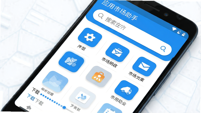 主体为安卓手机屏幕,显示“应用市场助手”APP主界面,布局清晰,顶部搜索栏醒目,下方是分类网格图标,风格扁平化科技蓝,细节包含下载进度条动画,画质高清,干净,无多余元素