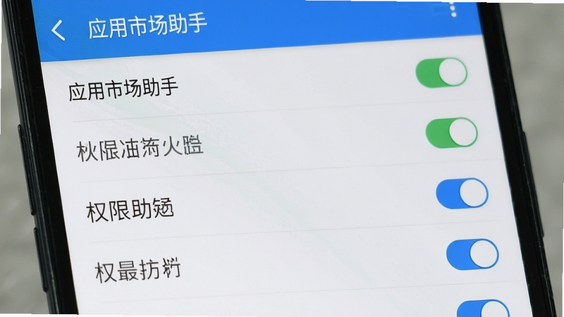 主体为手机设置界面,显示“应用市场助手”权限管理页面,布局列表式,风格系统默认蓝白,细节包含权限开关状态,画质清晰,干净,无多余元素