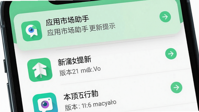 主体为手机通知栏与应用列表界面,显示“应用市场助手”更新提示,布局左侧应用图标右侧更新箭头,风格清新浅绿,细节包含版本号对比文字,画质清晰,干净,无多余元素