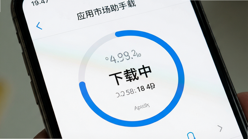 主体为手机屏幕特写,显示“应用市场助手”下载界面,布局中心显示环形进度条,文字“下载中”清晰可见,风格极简白色背景,细节包含速度数值跳动,画质锐利,干净,无多余元素
