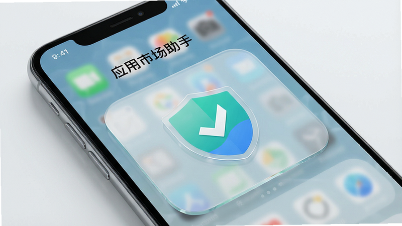 主体为手机主屏幕,显示“应用市场助手”纯净模式界面,布局极简无图标干扰,风格透明玻璃质感,细节包含盾牌安全标志,画质通透,干净,无多余元素