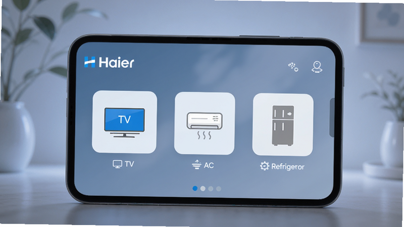 Smart home dashboard in Haier Remote app displaying icons for TV, AC, and Refrigerator, modern minimalist style, soft lighting, clean layout