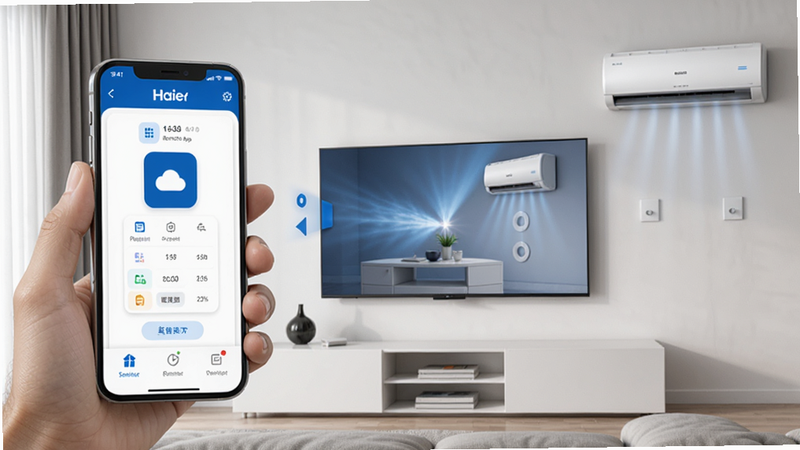Haier Remote app interface showing a smartphone controlling a modern smart TV and air conditioner, clean UI design, blue and white color scheme, realistic 3D render, high quality, no text