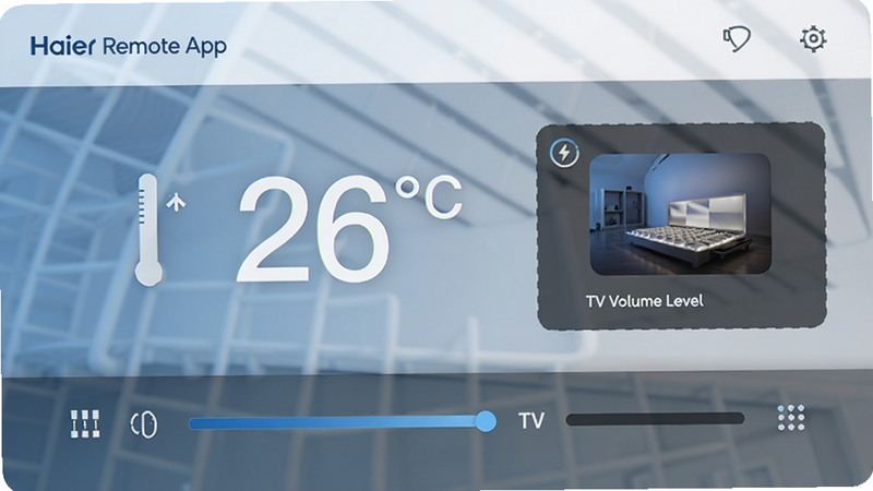 Haier Remote app screen showing real-time temperature reading of 26 degrees Celsius and TV volume level, clear typography, modern UI