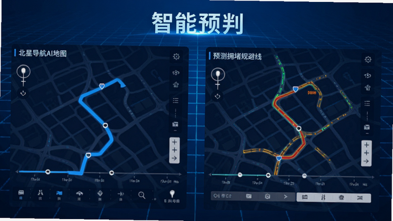 北星导航AI地图的功能演示图,展示一个带有时间轴的路线规划界面,左侧显示当前路线,右侧显示预测的拥堵规避路线,背景为科技感的蓝色网格,文字标注“智能预判”,风格清晰直观,画质高