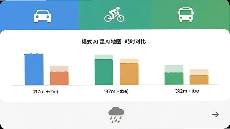 北星导航AI地图的多模式选择界面,顶部有驾车、骑行、公交三个图标,中间显示不同模式的耗时对比柱状图,底部有天气图标显示雨天,整体布局整洁,色彩搭配和谐,画质清晰