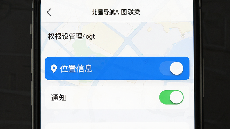北星导航AI地图的手机设置界面截图,展示权限管理页面,重点高亮“位置信息”和“通知”开关,背景为简洁的白色UI,文字清晰,风格扁平化,画质高清