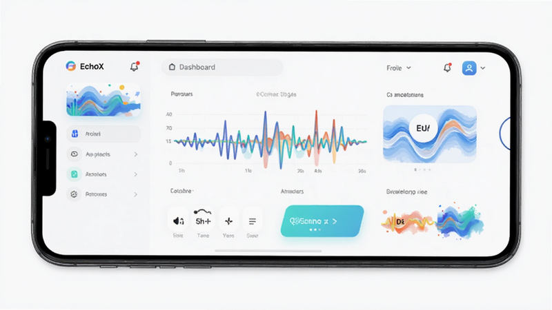 EchoX app interface showing a minimalist design with vibrant colors, a user-friendly dashboard, and interactive elements like echo waves, clean layout, modern style, high quality, no extra text