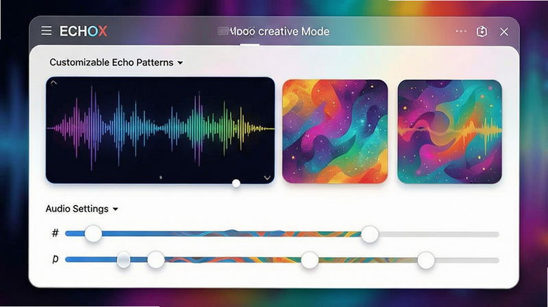 EchoX creative mode interface with customizable echo patterns, colorful background templates, user-friendly sliders for audio settings, artistic style, vibrant colors, clean design