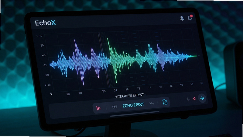 EchoX application screen displaying sound wave visualization, interactive echo effect demonstration, dark mode interface with neon accents, detailed graphical representation of audio frequencies, clean UI
