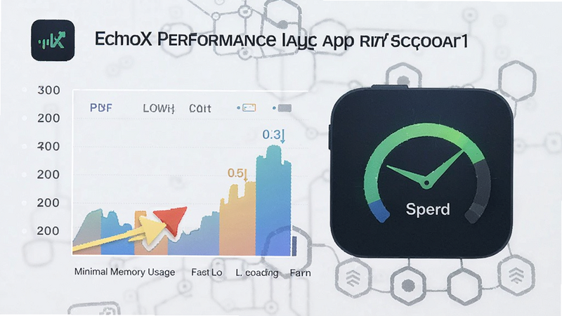 EchoX lightweight app performance chart, minimal memory usage visualization, fast loading speed indicators, simple icon design, technical aesthetic, clean background