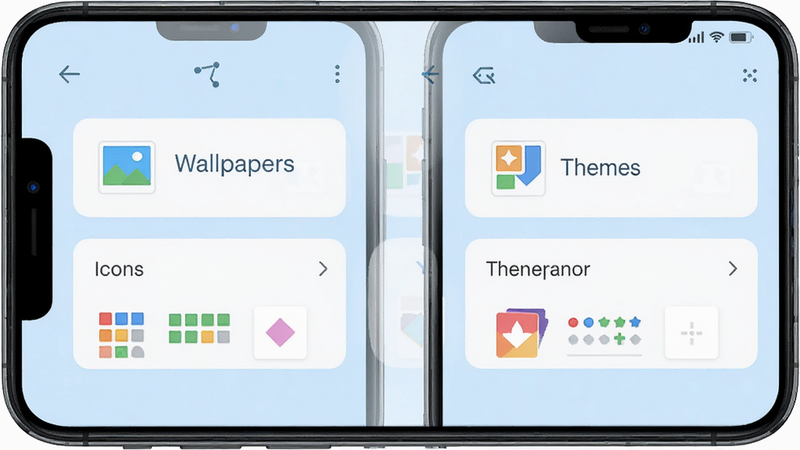 A clean and modern smartphone interface screenshot showing the LK���� app main dashboard. The layout is minimalist with a light blue background, displaying options for 'Wallpapers', 'Icons', and 'Themes'. High resolution, flat design style, vector graphics, clear typography, no clutter, realistic UI mockup, 4k quality.