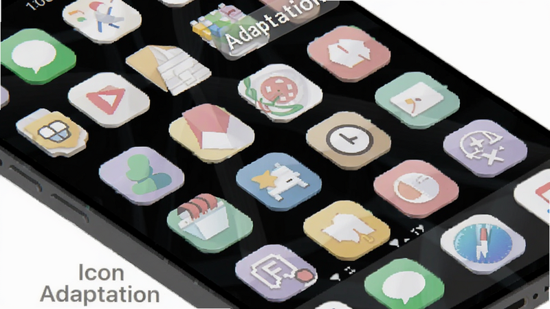 A grid of app icons on a smartphone home screen, all styled in a consistent flat design with rounded corners and pastel colors. Label 'Icon Adaptation' visible. Isometric view, clean white background, sharp edges, vector art style, 1080p resolution.