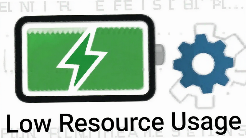 A stylized battery icon with a green lightning bolt indicating efficiency, next to a small gear icon representing system settings. Minimalist design, flat colors, white background, clear text 'Low Resource Usage', high detail vector graphic.