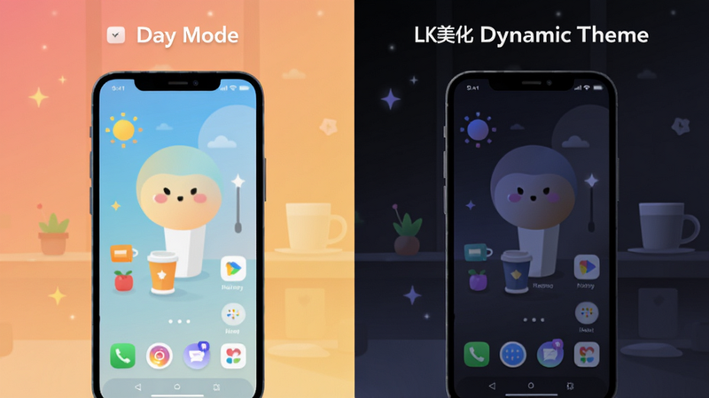 A split-screen comparison image showing a phone screen in 'Day Mode' with bright colors and 'Night Mode' with dark tones, labeled 'LK���� Dynamic Theme'. Clean vector illustration style, soft gradients, modern UI design, minimal elements, high contrast text labels.
