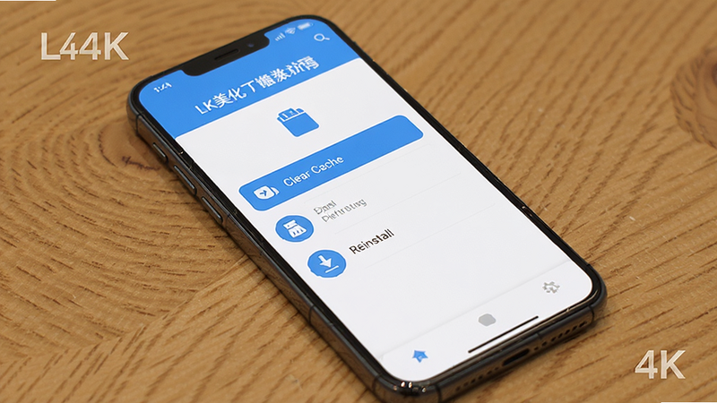 A smartphone displaying a troubleshooting menu with options like 'Clear Cache' and 'Reinstall', labeled 'LK���� Troubleshooting'. Clean UI design, blue and white color scheme, flat icons, realistic mockup, 4k resolution.