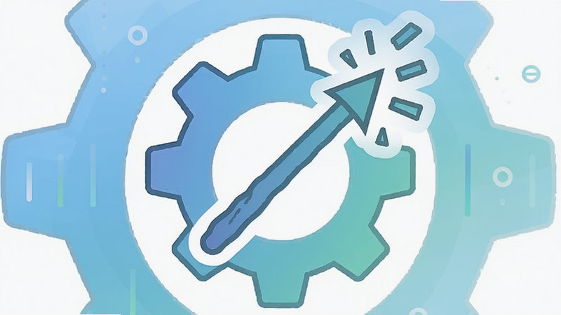 A gear icon with a wand symbol, representing automation and customization. Flat design style, soft gradients, white background, clean lines, high resolution vector graphic.