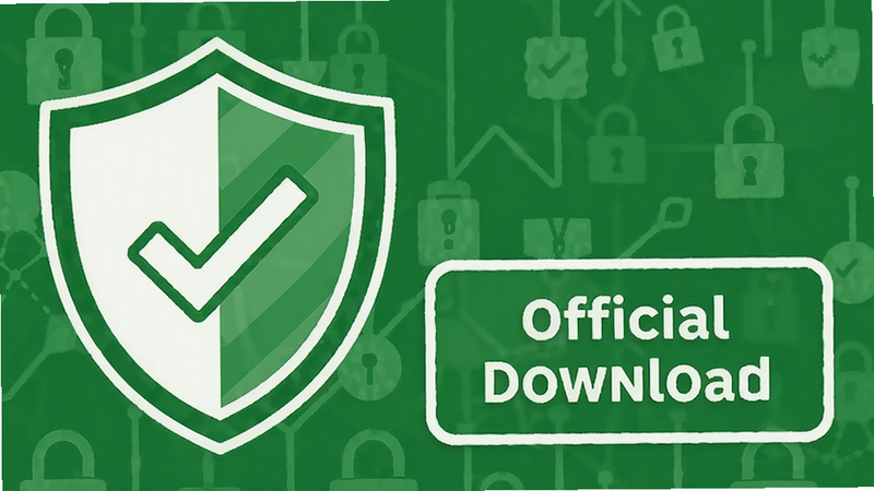 A shield icon with a checkmark next to a download button labeled 'Official Download'. Minimalist vector art, green and white colors, clean background, high detail, symbolic representation of security.