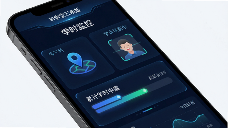 主体为手机屏幕展示学时记录界面,布局为仪表盘样式,显示今日学时、累计学时进度条,风格科技感强,细节包含地图定位图标和人脸识别扫描框,画质高清,干净无多余元素,文字包含“车学堂云南版”、“学时监控”、“人脸识别中”
