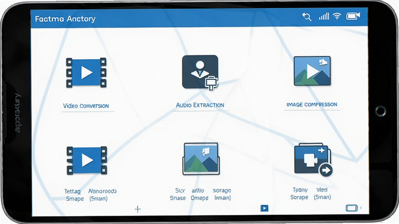 Format Factory Android app interface, clean modern UI design, showing icons for video conversion audio extraction image compression, white background with blue accents, vector style illustration, high resolution, flat design
