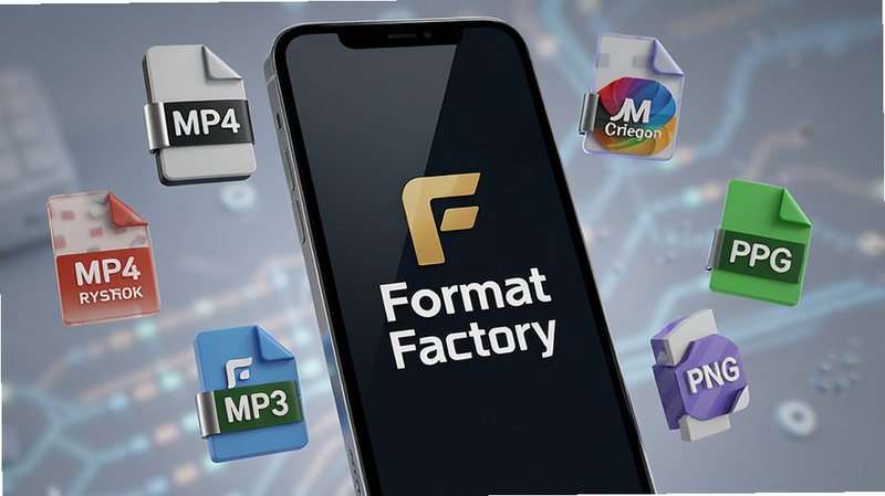 Format Factory logo on a smartphone screen, surrounded by floating icons of various file formats like MP4, MP3, JPG, PNG, 3D render style, realistic lighting, tech aesthetic