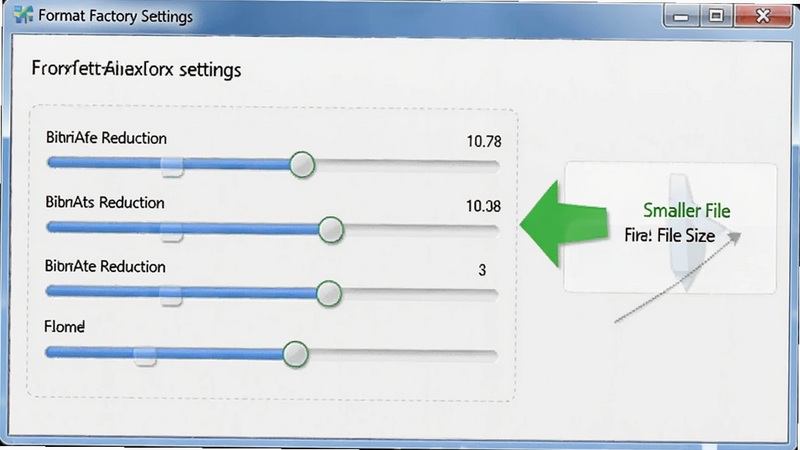 Format Factory settings screen, showing bitrate reduction sliders, green arrow indicating smaller file size