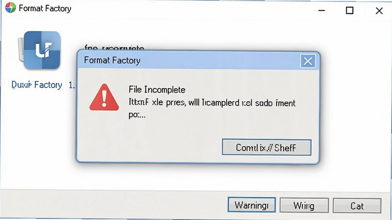 Format Factory error message pop-up, showing 'File Incomplete' warning, clean UI design, red alert icon