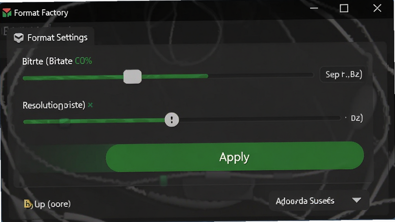 Close-up of Format Factory settings panel, sliders for bitrate and resolution adjustment, green 'Apply' button prominent, dark mode interface, detailed UI elements