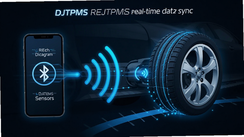 DJTPMS real-time data sync illustration, smartphone connecting to car tire sensors via bluetooth, signal waves, tech style, blue accent, clear diagram