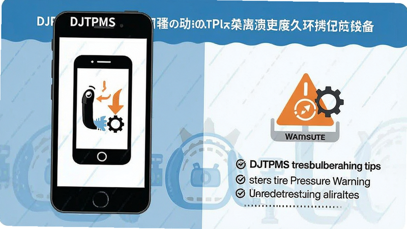 DJTPMS troubleshooting tips, smartphone with tire pressure warning, simple iconography, clean design, informative