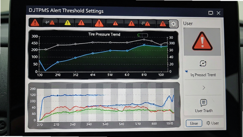 DJTPMS alert threshold settings screen, graph showing tire pressure trend, warning icons, user friendly interface, detailed charts