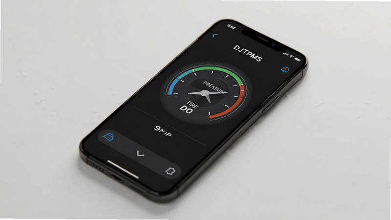 DJTPMS app interface showing tire pressure gauge, modern UI, dark mode, smartphone screen, realistic style, clean layout, no text