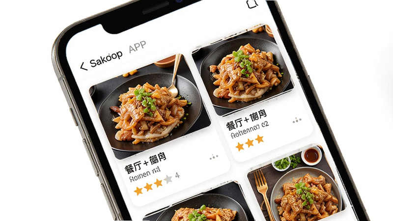 常满客 APP界面展示,手机屏幕显示美食列表,布局简洁,风格现代扁平化,细节包含餐厅名称和评分星级,画质清晰干净无多余元素