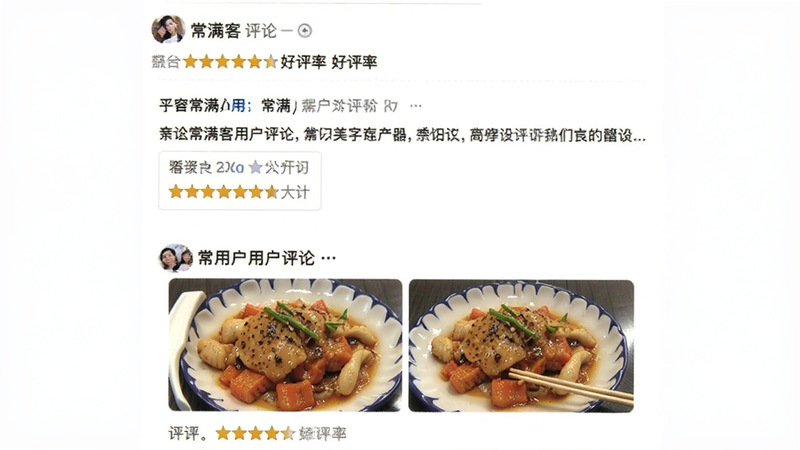 常满客用户评论页面截图,包含文字评价和上传的菜品照片,布局垂直列表,风格生活化,细节显示好评率,画质明亮