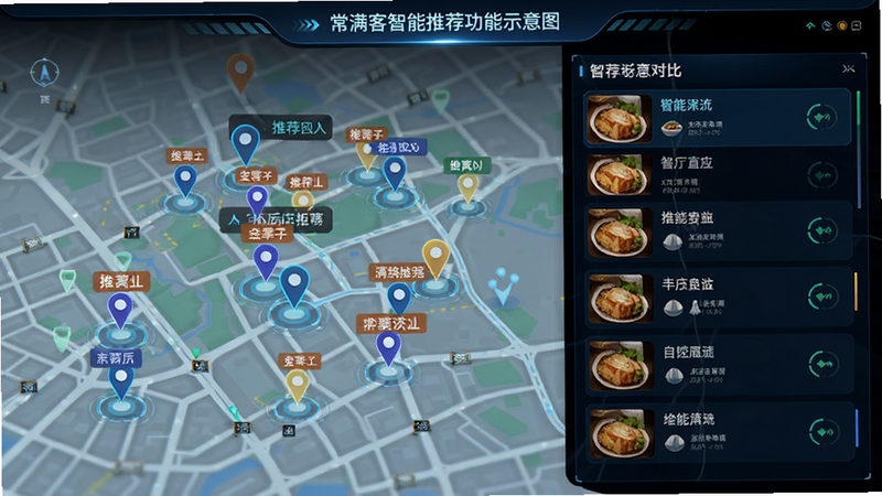 常满客智能推荐功能示意图,展示地图上的餐厅标记与列表对比,风格科技感,细节包含推荐标签和距离显示,画质高清